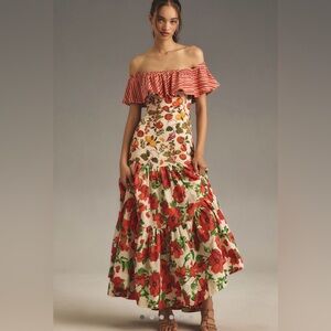 Anthropologie Red and Green Floral Maxi Dress Maeve Off the Shoulder Mixed Print